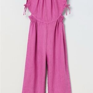Zara Girls Cut Out Linen Bow Romper Jumpsuit Boho Pointelle Pink 10